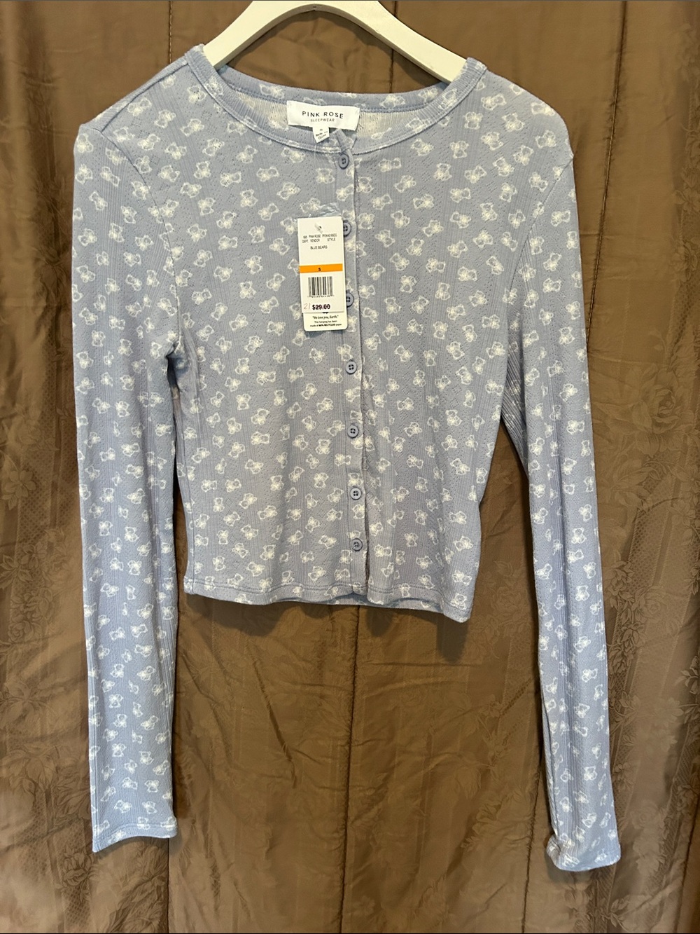 Pink Rose Light Lavender Floral Button-Front Cropped Long Sleeve Top